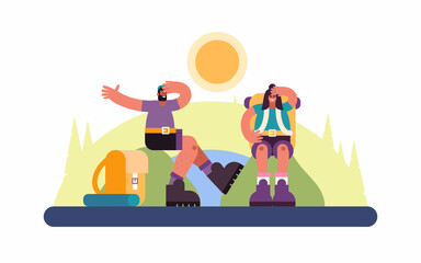 Couple of travelers resting on hills together