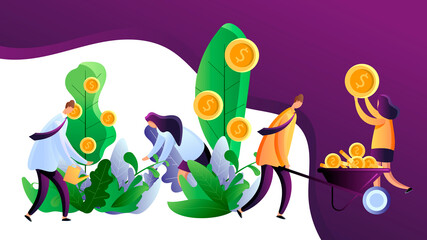 Making money. Capital investment and financial growth. Business people harvesting golden coins from money trees. Businessman watering money tree. Money income vector illustration in flat style.