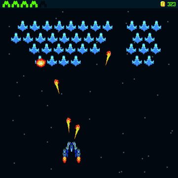 Arcade Retro video game, 8 bit, arcade warships, shooting, map background, vector graphic design illustration. Battles under the stars. Old computer games.
