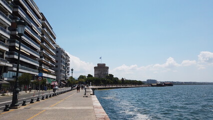 The famous White Tower monument in Thessaloniki, Greece, on a clear summer day