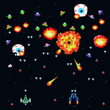 Boss battle in retro video games. military ships arcade, shooting, map background, vector graphic design illustration. 16 bit, 8 bit. Space Battles under the stars. Old computer games. Vector
