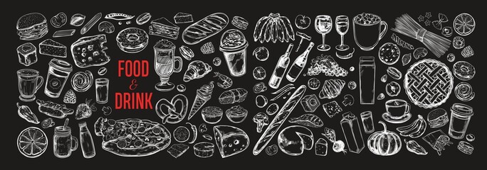Big vector set of drink and food ingredients. Dairy, bakery, coffee, wine, vegetables etc. Hand drawn sketches. Isolated objects