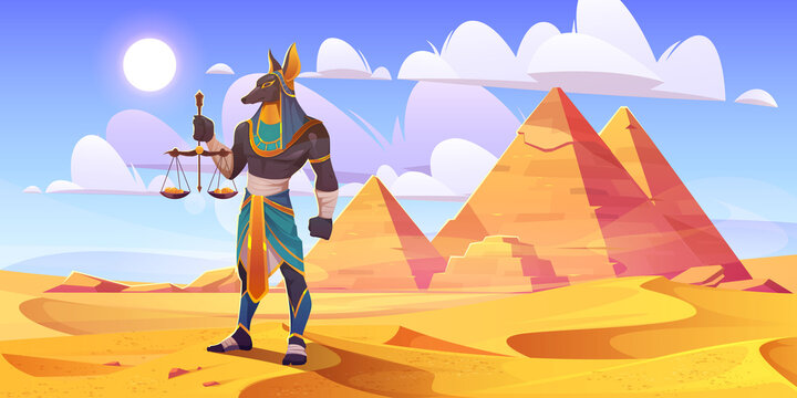 Anubis Egyptian god, ancient Egypt deity with human body and jackal head wearing royal pharaoh royal clothes holding scales with golden coins stand in desert with pyramids, Cartoon vector illustration