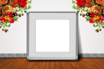 metal  frame leaning in bright white interior wall  with wooden floor mockup  and decorative flowers presentation 3D rendering