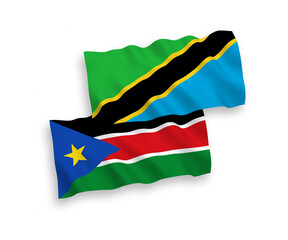 Flags of Republic of South Sudan and Tanzania on a white background