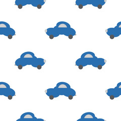 Funny blue car in the shape of a cloud. White background. Seamless pattern for kids. Vector illustration.
