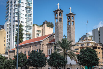 Exterior view of Church of St Maron Maronite in Centre Ville - Beirut Central District, Lebanon - obrazy, fototapety, plakaty