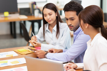 Asian business man and women meeting and talk about job in office.
