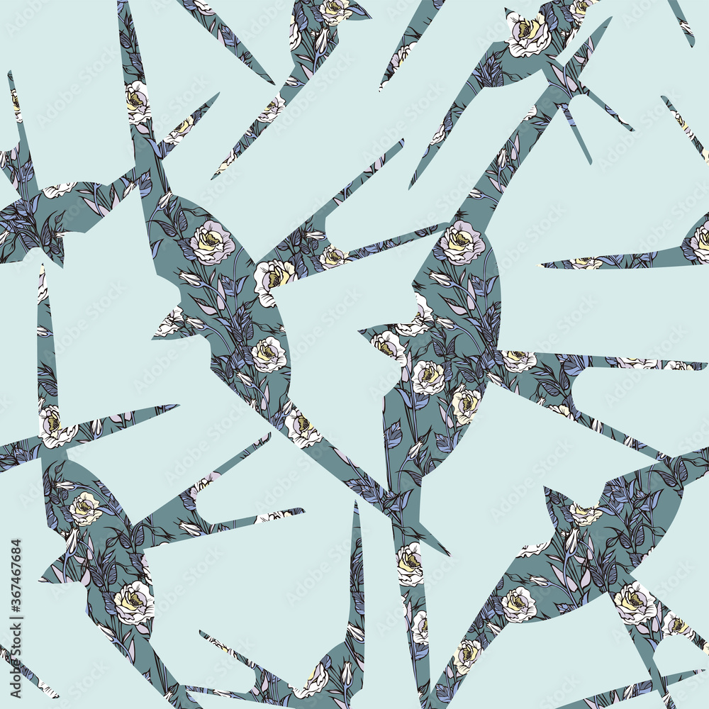 Poster seamless vector pattern with swallows silhouettes. flying flock of birds. decorative design