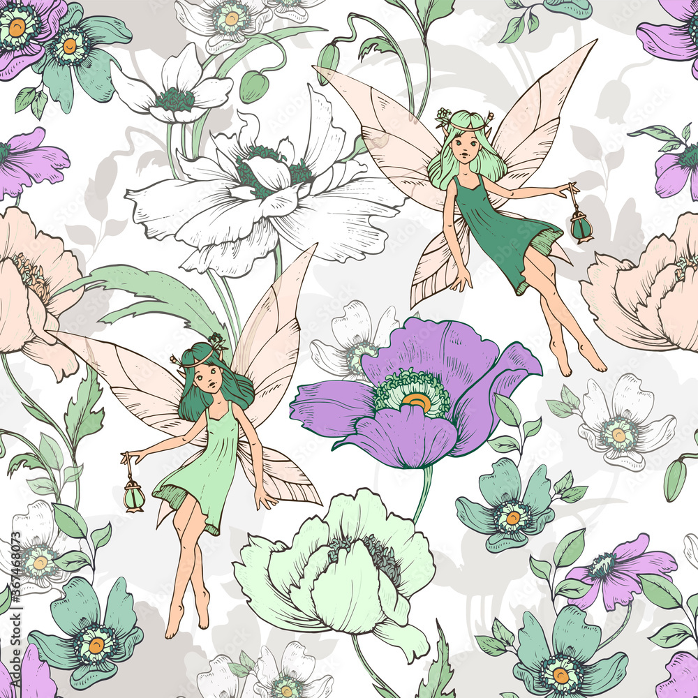 Wall mural Seamless vector pattern with decorative elegant flowers and elves