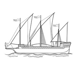sketch of an old ship, coloring book, isolated object on white, vector illustration,