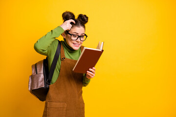 Portrait of her she nice attractive confused puzzled intellectual girl nerd reading book finding...