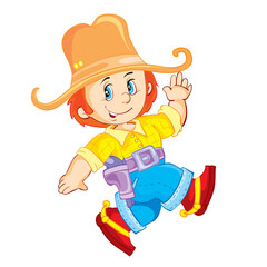 character of a cheerful cowboy in a big hat and with a holster, cartoon illustration, isolated object on white, vector illustration,