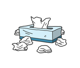 Box of tissue paper doodle, hand drawn vector doodle illustration of a box of tissue with crumpled used tissue paper around it, isolated on white background.