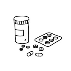 Prescription drugs and medicine doodle, hand drawn vector doodle illustration of various medicine tablets and drug pills for medical purposes, isolated on white background.