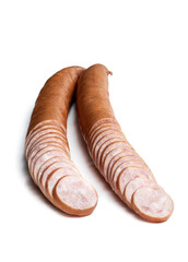 Smoked and steamed medium minced pork sausage isolated on white