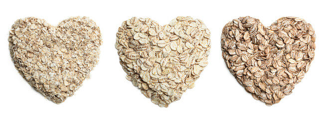 Set of different types of heart shaped oats isolated on white