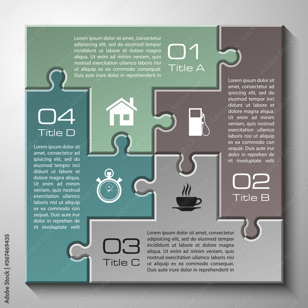 Leinwandbilder four sided 3d puzzle presentation infographic template with explanatory text field for business stat