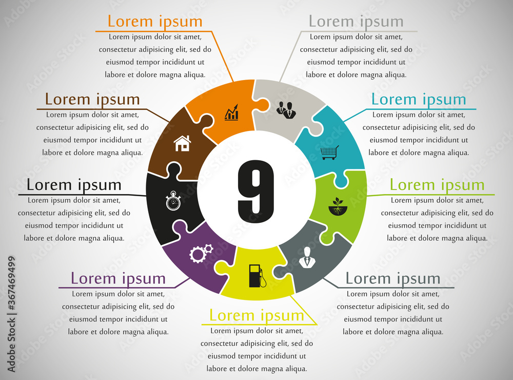 Fototapete nine sided puzzle presentation infographic template with explanatory text field for business statist