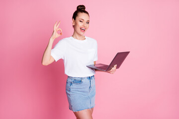Photo of positive cheerful girl recommend work remote laptop wink blink show okay sign wear white t-shirt denim jeans isolated over pastel color background