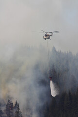 Fototapeta na wymiar Forest fire. Firefighting helicopter lowers water under fire of helicopter and extinguishes huge forest fires. Special helicopter in flight suspension with a fire extinguishing drainage device
