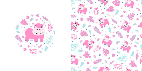 Seamless kid pattern and illustration with pink hippo and leaves. Cute pajama design.