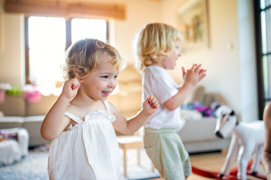 Portrait of small boy and girl playing indoors at home.