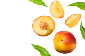 peach fruits with green leaf and slices isolated on white background. top view
