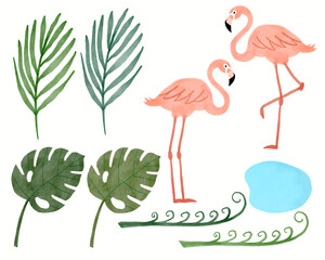 set of flamingos monstera leaves, palm leaves, pond