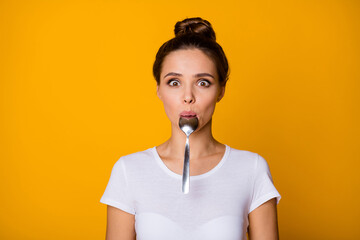 Careless funny dream dreamy girl hold lips spoon kitchen cutlery utensils want joking while waiting...