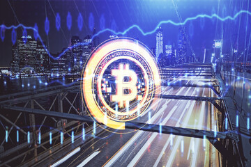 Multi exposure of cryptocurrency theme hologram drawing and city veiw background. Concept of...