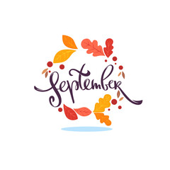 september, lettering season composition with leaves frame