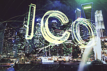 Multi exposure of cryptocurrency theme hologram drawing and city veiw background. Concept of blockchain and bitcoin.