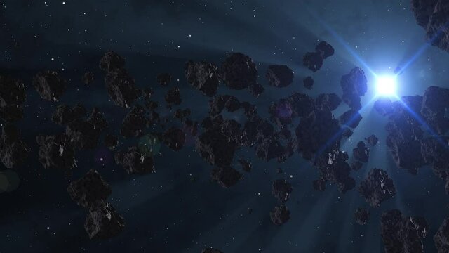 3D animation: Cinematic flight through dark deep space hazy asteroids field above bright starry background