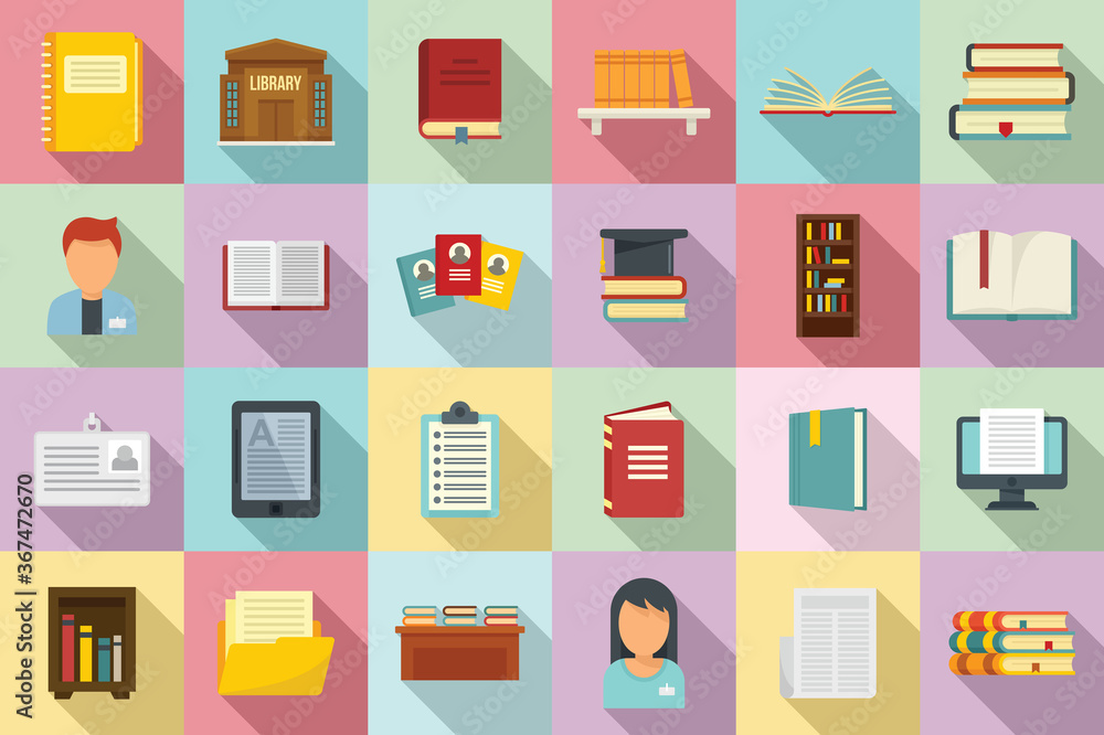 Poster library icons set. flat set of library vector icons for web design
