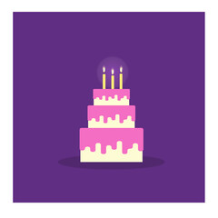 big cake with candles on purple background