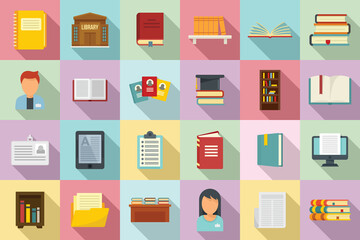 Library icons set. Flat set of library vector icons for web design