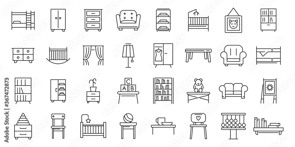 Poster childrens room icons set. outline set of childrens room vector icons for web design isolated on whit