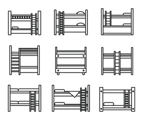 Family bunk bed icons set. Outline set of family bunk bed vector icons for web design isolated on white background - obrazy, fototapety, plakaty