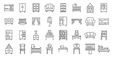 Childrens room icons set. Outline set of childrens room vector icons for web design isolated on white background