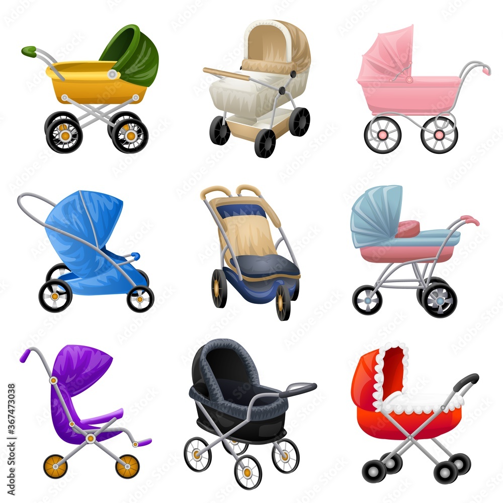 Poster pram icons set. cartoon set of pram vector icons for web design