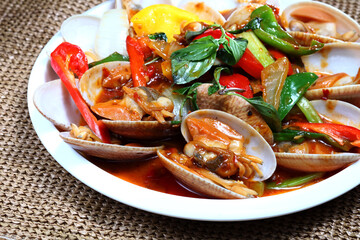 A Plate Of Thai Style Spicy Sauce Fried Clams