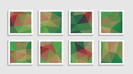 Modern mosaic low poly artwork poster set with simple shape and figure. Abstract minimalist pattern design style for web, banner, business presentation, branding package, fabric print, wallpaper.