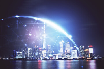 Multi exposure of social network theme drawing and cityscape background. Concept of people connecton.