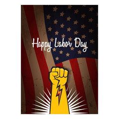 labor day Usa vertical poster, background or flyer with strong clenched fist isolated on usa flag layout and greeting text . Labor union concept illustration