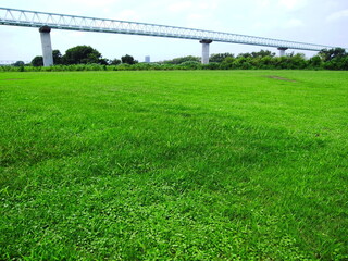 ガス導管のある夏の江戸川河川敷風景