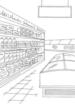 Grocery store shop interior black white graphic vertical sketch illustration vector