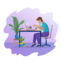 Man play chess game online. Pensive man sitting at table in front of laptop screen concentrated on strategic game. Online chess tournament, self-isolation during quarantine. Flat vector illustration
