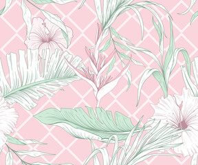 Seamless pattern with tropical leaves and pink exotic flowers