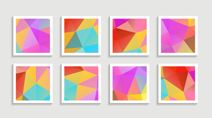Modern mosaic low poly artwork poster set with simple shape and figure. Abstract minimalist pattern design style for web, banner, business presentation, branding package, fabric print, wallpaper.